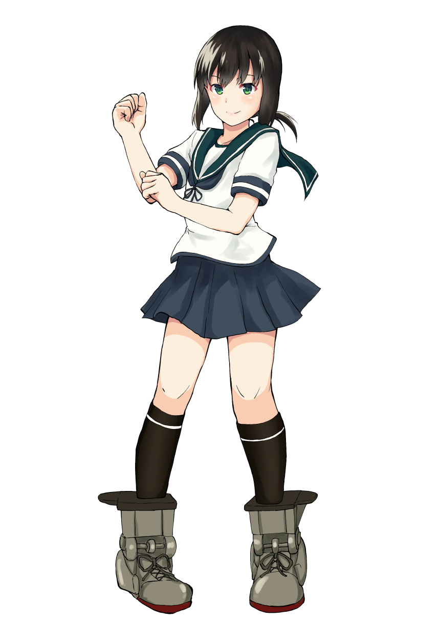 10s, 1girl, black_hair, black_legwear, blue_sailor_collar, blue_skirt, fubuki_(kantai_collection), full_body