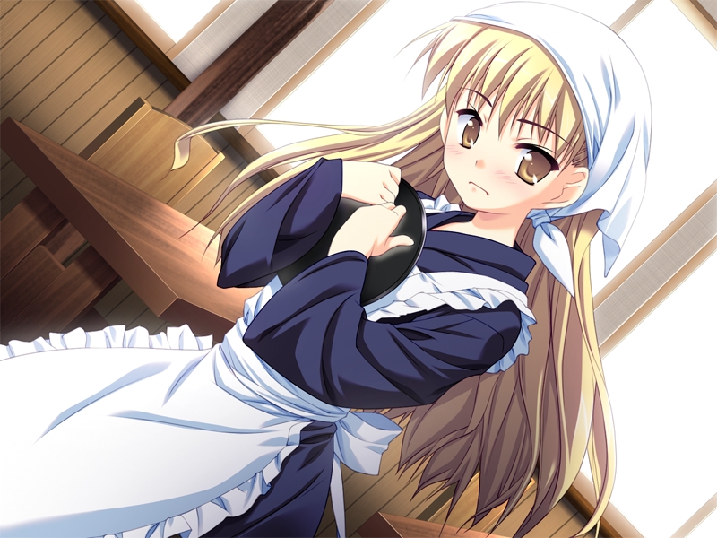 backstage_(tjr), bandana, blonde_hair, blush, dress, dutch_angle, game_cg, hoshizaki_hikaru