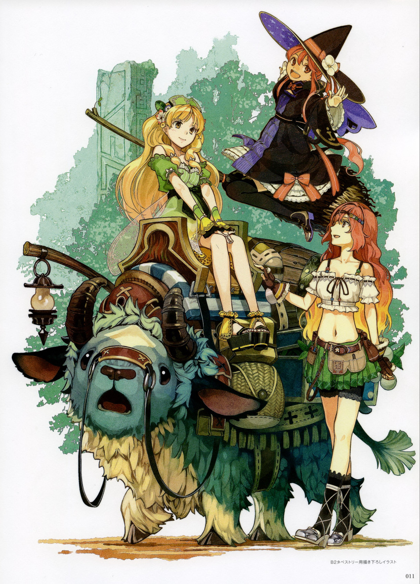 3girls, :d, absurdres, animal, ankle_lace-up, atelier, atelier_(series), atelier_ayesha, ayesha_altugle, bangs, bare_shoulders, belt_pouch, black_dress, black_hat, black_legwear, black_shoes, black_shorts, blonde_hair, bow, broom, broom_riding, brown_eyes, brown_gloves, collarbone, crop_top, cross-laced_footwear, detached_sleeves, dress, fingerless_gloves, flower, full_body, gloves, gradient_hair, green_dress, green_skirt, hair_flower, hair_ornament, hands_on_lap, hat, hat_flower, headband, hidari, hidari_(left_side), highres, long_hair, looking_at_another, looking_up, luggage, midriff, miniskirt, multicolored_hair, multiple_girls, navel, open_mouth, orange_hair, outdoors, outstretched_arms, page_number, petticoat, platform_footwear, pleated_skirt, redhead, regina_curtis, reins, ribbon_trim, riding, saddle, shoes, short_sleeves, shorts, shorts_under_skirt, sidesaddle, simple_background, sitting, skirt, smile, spread_arms, standing, stomach, thigh-highs, two-tone_hair, v_arms, very_long_hair, walking, white_background, white_flower, wilbell_voll=erslied, wilbell_voll_erslied, witch, witch_hat, wtich_hat, zettai_ryouiki