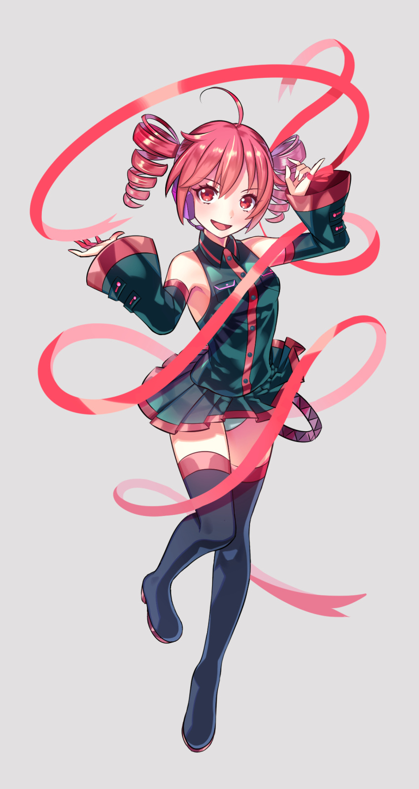 1girl, :d, ahoge, armpits, arms_up, bangs, bare_shoulders, black_boots