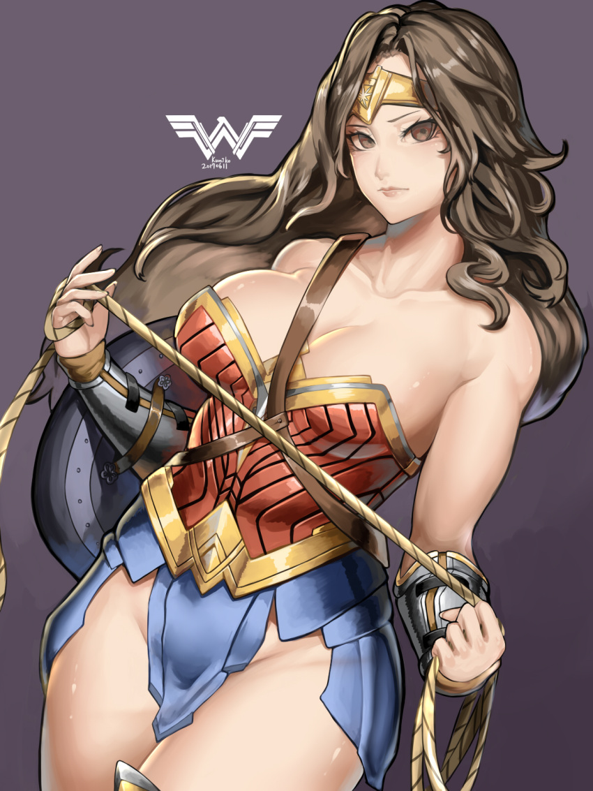 1girl, artist_name, bare_shoulders, blue_skirt, bracer, breasts, brown_eyes, brown_hair
