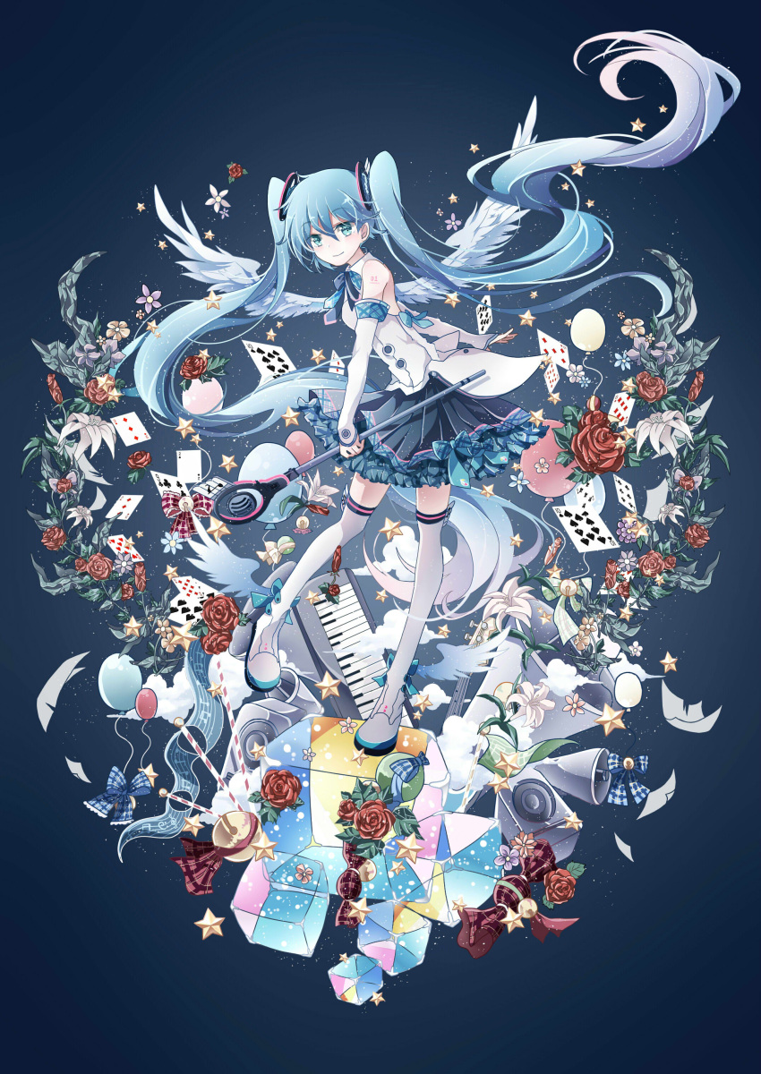 1girl, absurdres, angel_wings, ankle_bow, ankle_ribbon, ankle_wings, aqua_bow, aqua_eyes