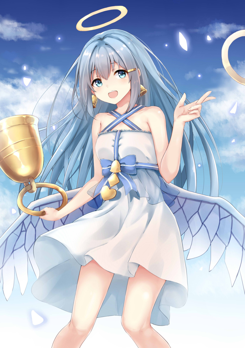 1girl, absurdres, angel_wings, bell, bellringer_angel, blue_bow, blue_eyes, blue_hair