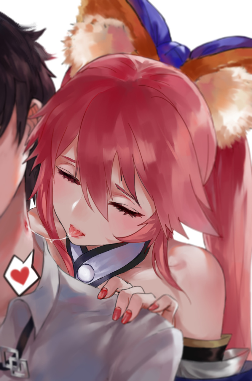 1boy, 1girl, absurdres, animal_ears, black_hair, blush, closed_eyes, detached_sleeves