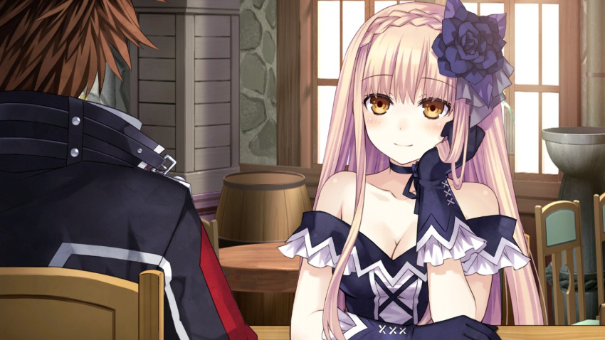 1girl, blonde_hair, blush, fairy_fencer_f, fang_(fairy_fencer_f), flower, from_behind, game_cg