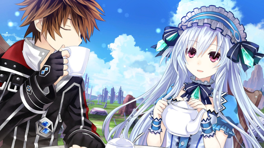 1boy, 1girl, bow, breasts, brown_hair, closed_eyes, cup, fairy_fencer_f
