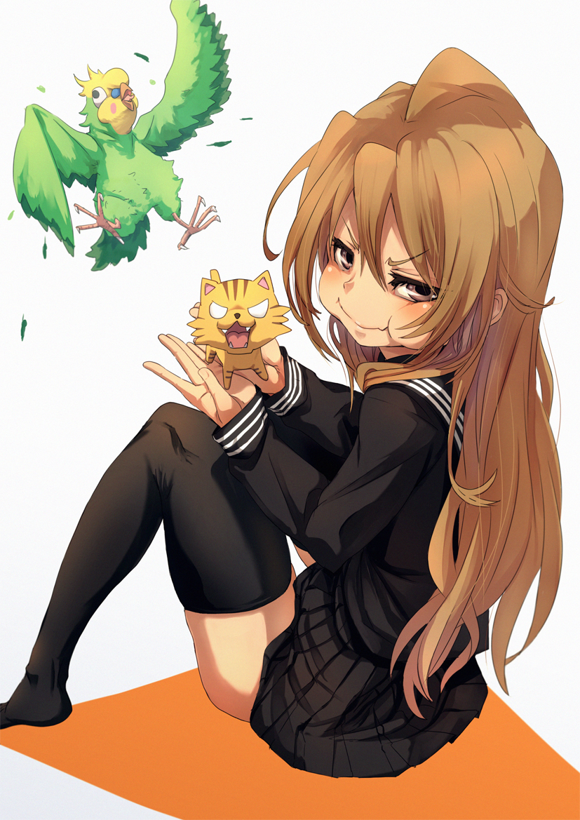 1girl, aisaka_taiga, bird, black_legwear, blush, brown_eyes, brown_hair, fu-ta