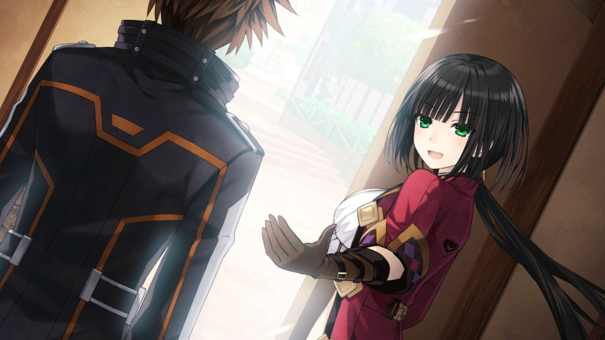 1girl, black_hair, blush, breasts, fairy_fencer_f, fang_(fairy_fencer_f), from_behind, game_cg, green_eyes, harler, long_hair, official_art, open_mouth, outstretched_arm, outstretched_hand, smile, tsunako