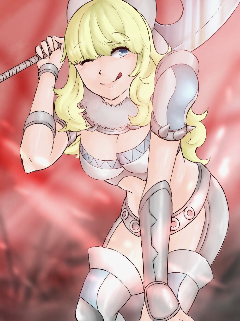 1girl, ;q, blonde_hair, blue_eyes, boots, bracer, breasts, charlotte_(fire_emblem_if), cleavage, fire_emblem, fire_emblem_if, highres, holding, holding_axe, holding_weapon, leaning_forward, looking_to_the_side, midriff, one_eye_closed, over_shoulder, pauldrons, red_background, sakiyomi_no_nana, smile, solo, tongue, tongue_out, wavy_hair, weapon, weapon_over_shoulder