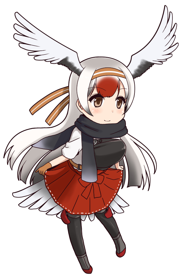 1girl, cosplay, gradient_hair, hairband, head_wings, japanese_clothes, kantai_collection, kemono_friends, long_hair, multicolored_hair, muneate, red-crowned_crane_(kemono_friends), redhead, scarf, shoukaku_(kantai_collection), shoukaku_(kantai_collection)_(cosplay), simple_background, skirt, solo, tail_feathers, takaoka_nanase, white_background, white_hair