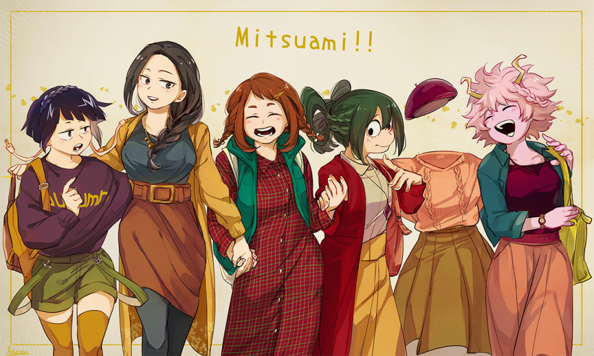 !!, 6+girls, alternate_costume, anezu, ashido_mina, asui_tsuyu, belt, black_hair