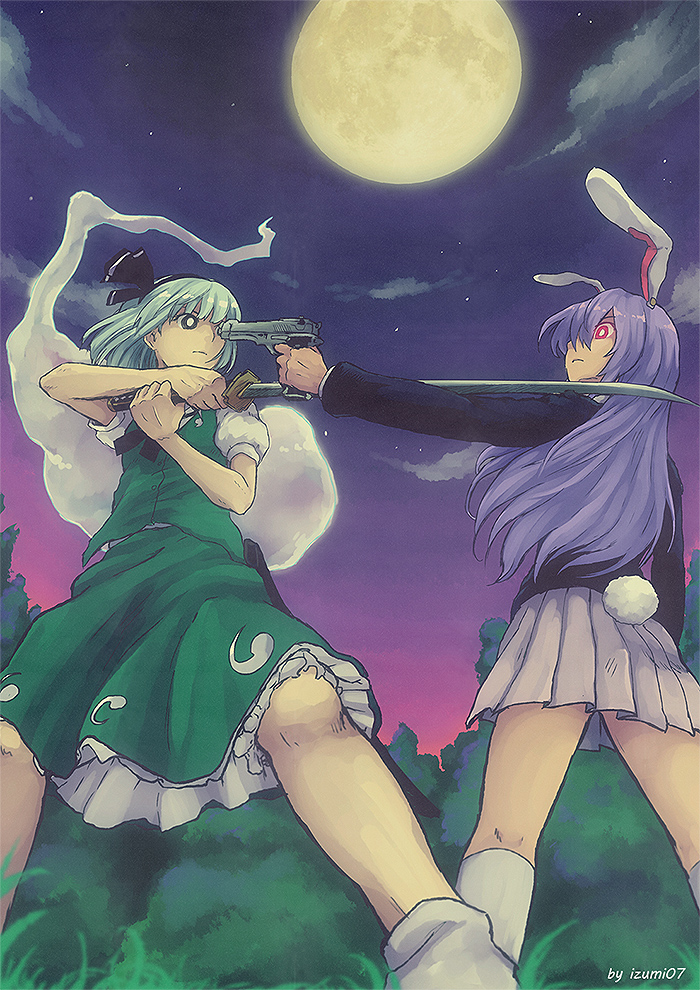 2girls, aiming, animal_ears, arm_at_side, artist_name, ascot, bangs, bare_legs