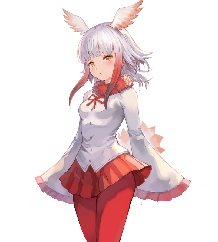 1girl, arms_at_sides, bangs, bird_tail, blunt_bangs, breasts, buttons, collar, cowboy_shot, eyebrows_visible_through_hair, eyelashes, frilled_sleeves, frills, fur_collar, gloves, gradient_hair, head_wings, japanese_crested_ibis_(kemono_friends), kemono_friends, legs_together, long_hair, long_sleeves, miniskirt, multicolored_hair, neck_ribbon, open_mouth, pantyhose, pepeto_(cocoyuzumugi), pleated_skirt, red_gloves, red_legwear, red_ribbon, red_skirt, redhead, ribbon, shirt, short_hair_with_long_locks, sidelocks, simple_background, skirt, sleeves_past_wrists, small_breasts, solo, standing, tail, two-tone_hair, white_background, white_hair, white_shirt, wide_sleeves, wings, yellow_eyes