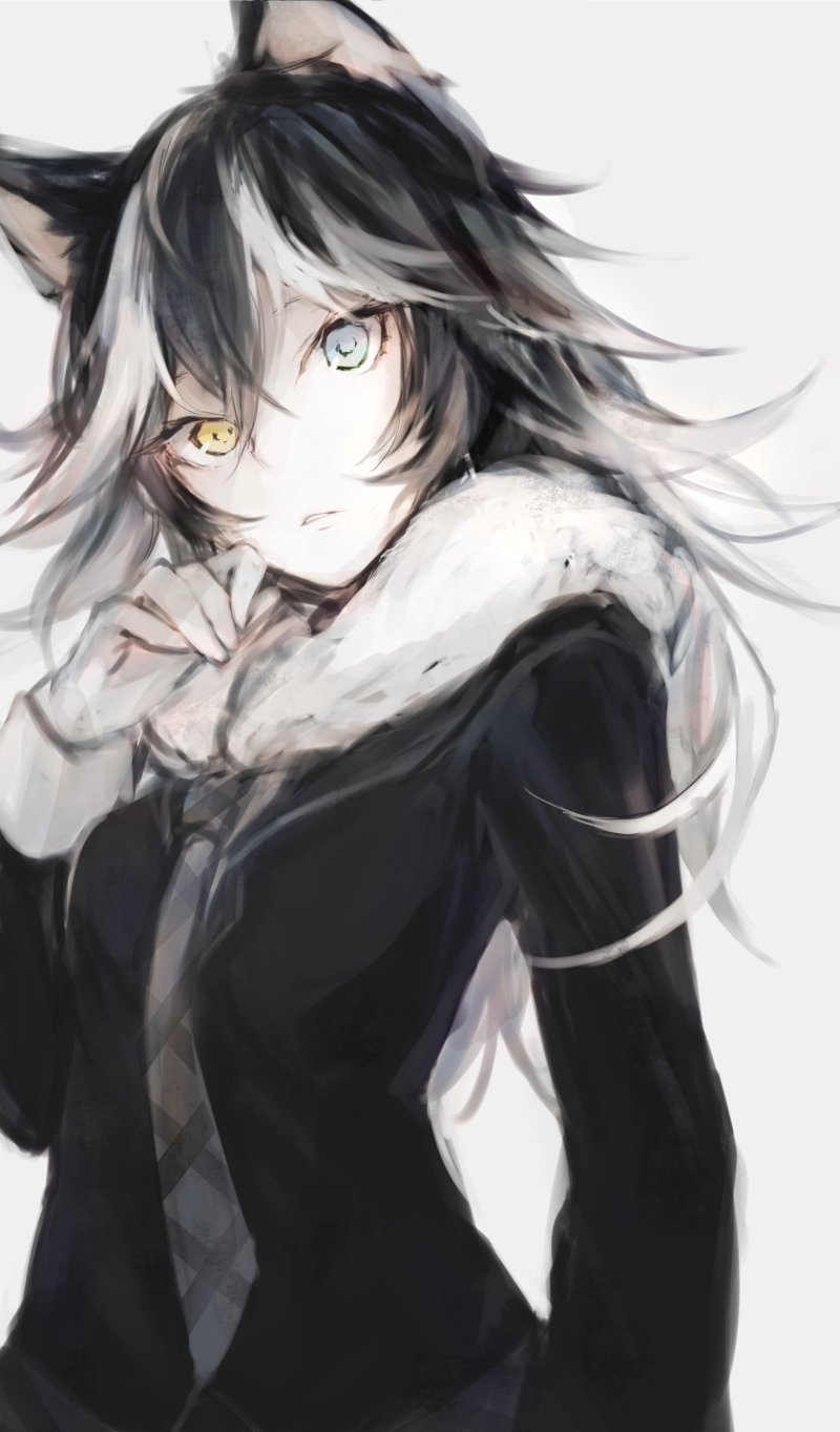 1girl, animal_ears, black_hair, black_necktie, blue_eyes, fox_ears, gloves, grey_background