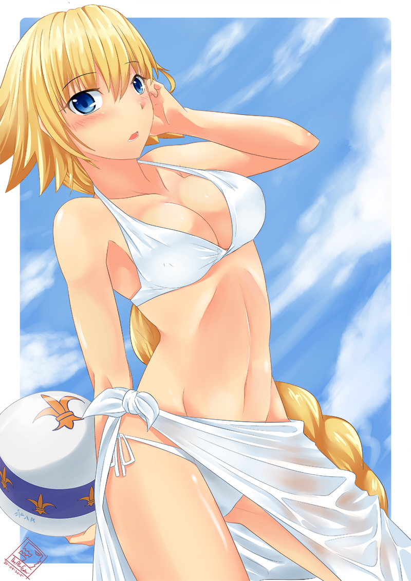 ball, beach, bikini, blue_eyes, blue_sky, blush, braid, breasts