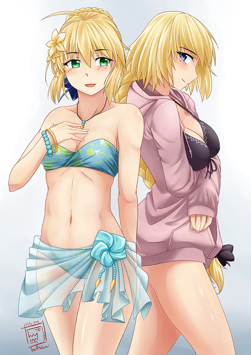 1girl, 2girls, ahoge, bandeau, bikini, blonde_hair, blue_eyes, blush, breast_lift, breasts, cleavage, fate/apocrypha, fate/stay_night, fate_(series), from_side, front-tie_top, green_eyes, groin, hand_on_own_chest, jewelry, medium_breasts, multiple_girls, navel, necklace, ruler_(fate/apocrypha), saber, sleeves_past_wrists, small_breasts, smile, swimsuit, swimsuit_under_clothes, thealagator, thighs, violet_eyes