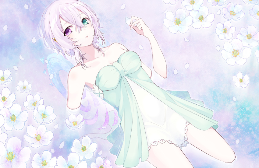 1girl, bangs, bare_shoulders, chisumi, collarbone, crossed_bangs, dress, eyebrows_visible_through_hair