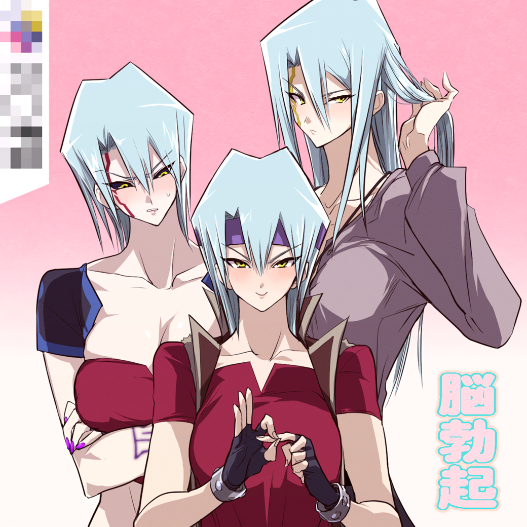 3girls, adjusting_hair, blue_hair, blush, breasts, bustier, clenched_teeth, collarbone