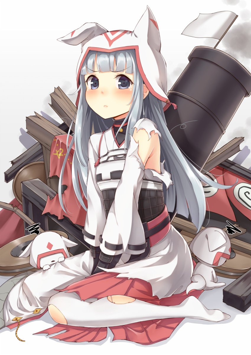 1girl, blush, cannon, commentary_request, dabadhi, flag, grey_eyes, hat, highres, inuyama_(oshiro_project), looking_at_viewer, oshiro_project, oshiro_project_re, silver_hair, sitting, thigh-highs, torn_clothes, torn_thighhighs, white_background, white_flag