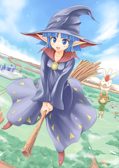 1boy, 1girl, :d, bird, blue_eyes, blue_hair, blush, broom