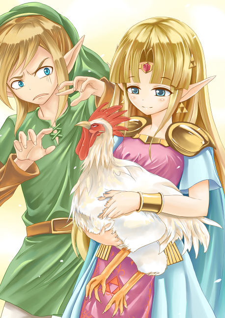 1boy, 1girl, bird, blonde_hair, blue_eyes, bracelet, cape, chicken
