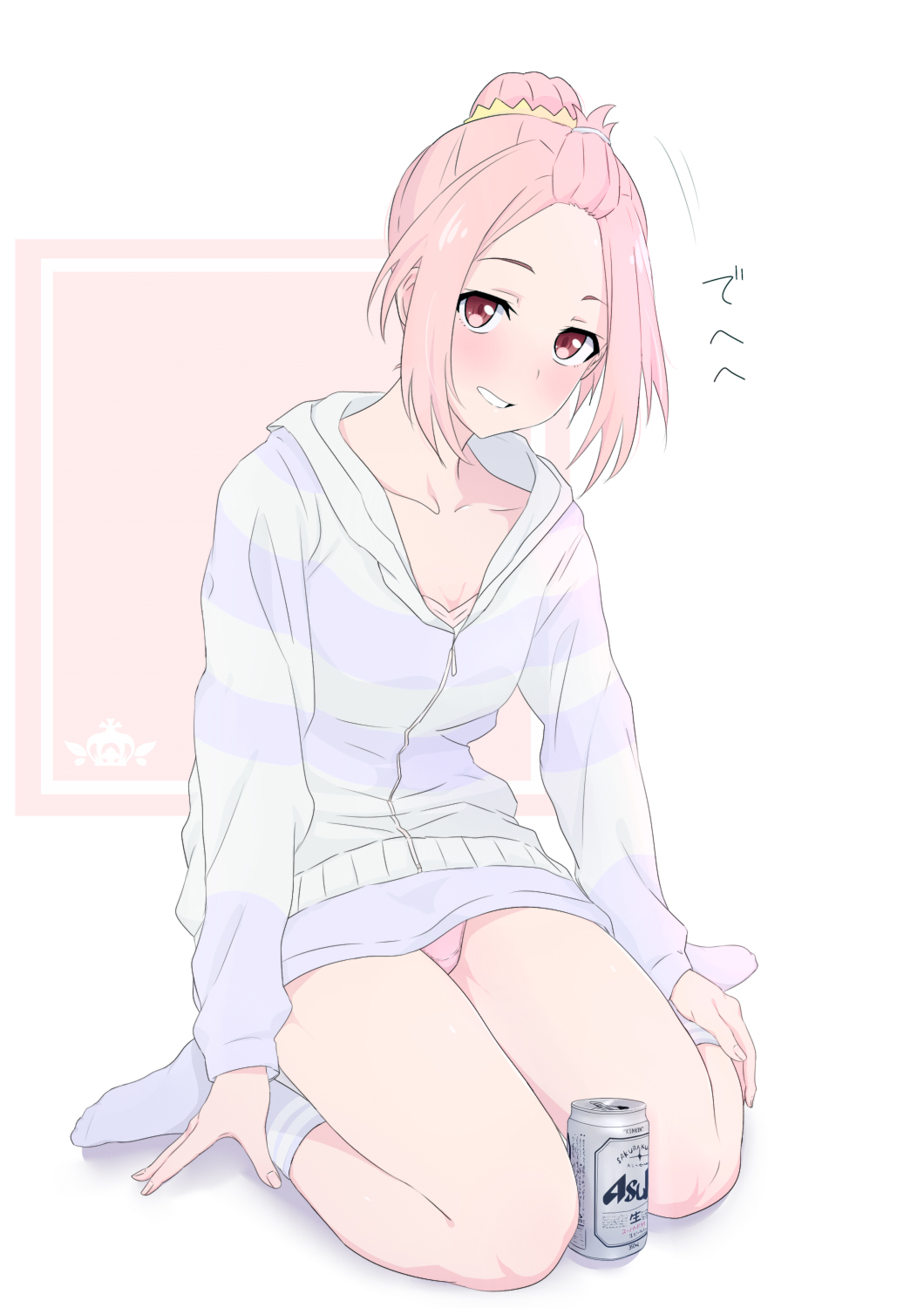 1girl, alcohol, alternate_hairstyle, archibald_(adahalt389zp), bangs_pinned_back, beer, can, drunk