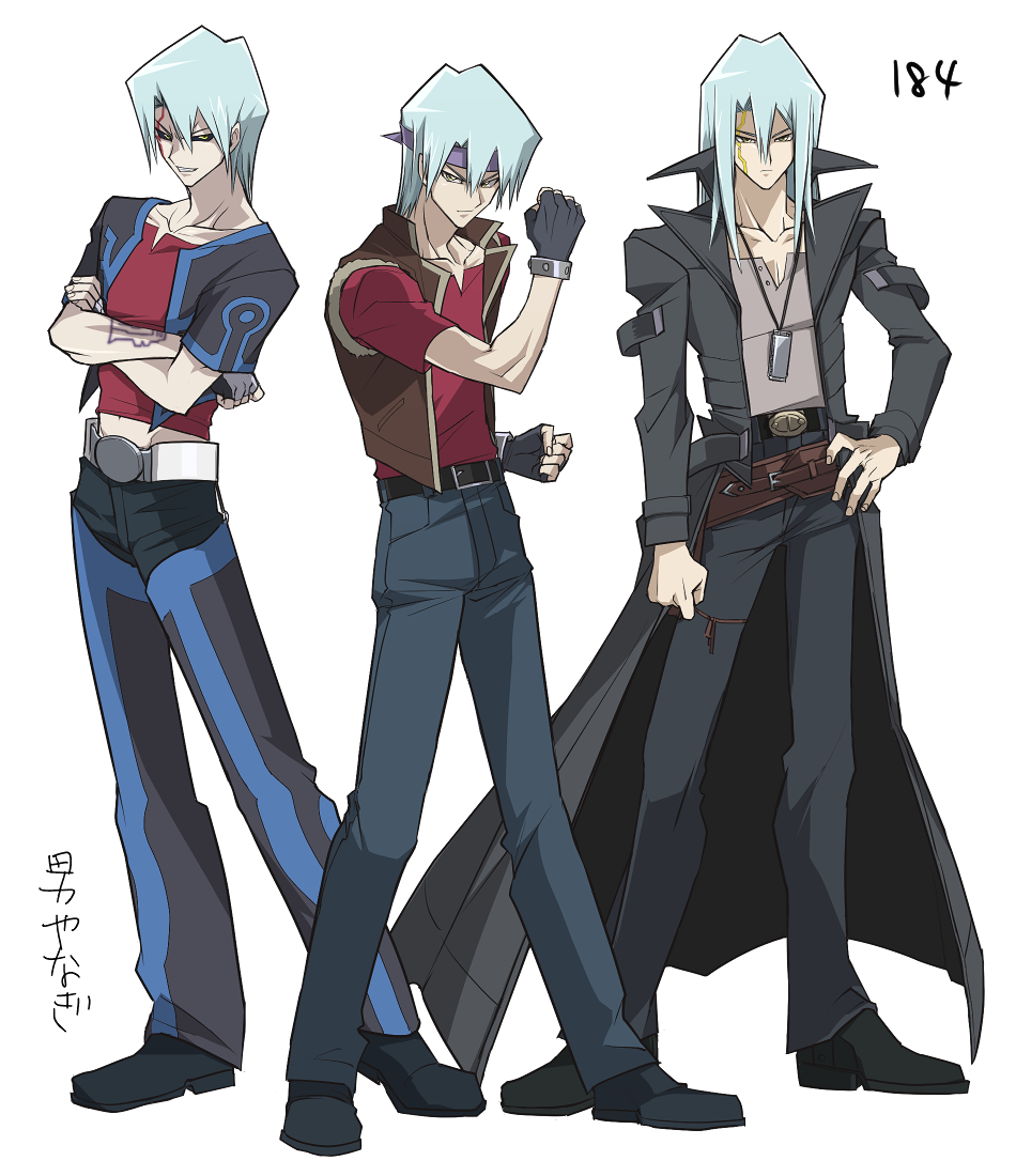 3boys, backless_pants, belt, black_sclera, blue_hair, coat, crossed_arms, dark_persona
