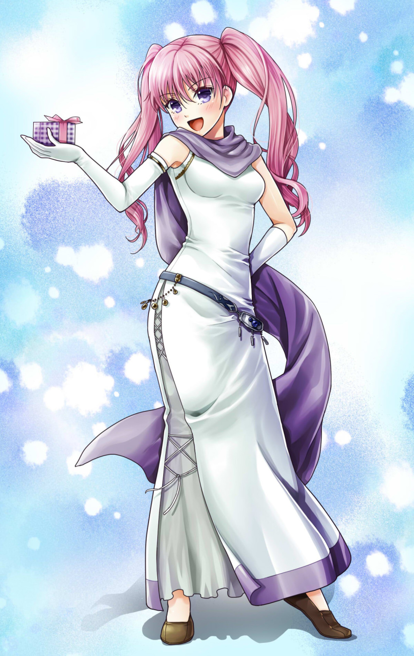 1girl, arm_behind_back, belt, blue_background, blush, box, breasts, dress