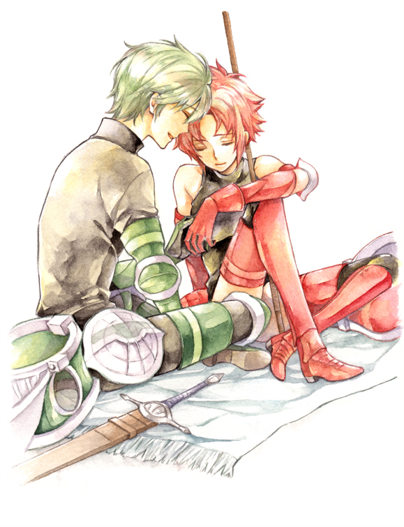 1boy, 1girl, armor, armor_removed, armored_boots, bare_shoulders, boots, closed_eyes