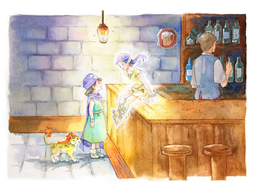 1girl, 2boys, alcohol, bar, bella_(dq5), black_hair, borongo, bottle