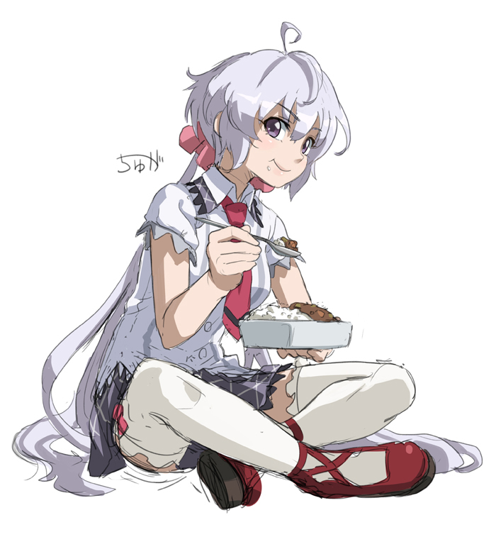 1girl, :t, ahoge, black_skirt, buttons, chewing, crumbs, curry