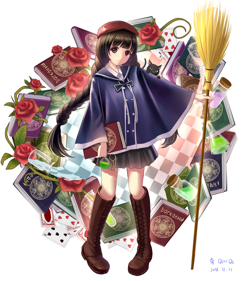 1girl, absurdres, animal, animal_on_shoulder, bangs, beret, black_cat, black_hair