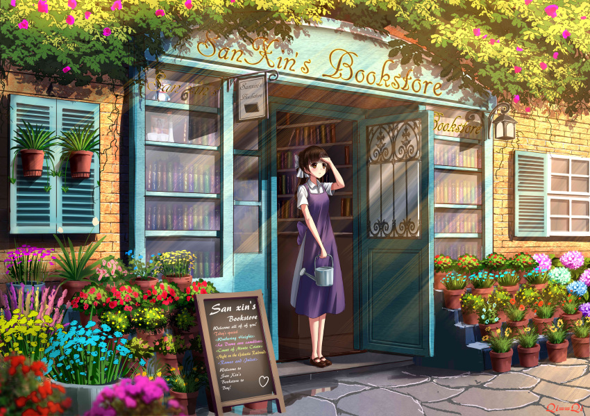 1girl, absurdres, arm_up, artist_name, bangs, black_hair, blue_flower, blurry