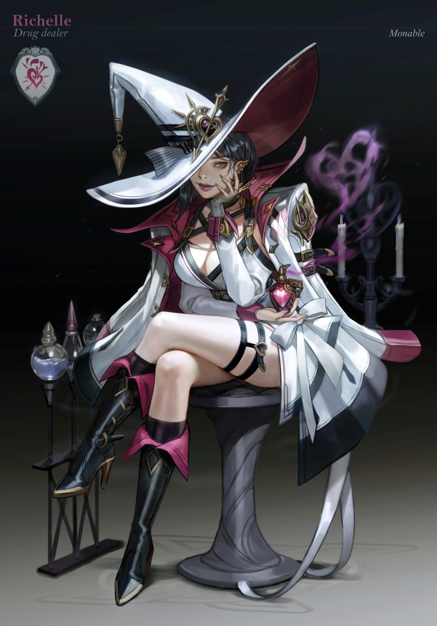 1girl, absurdres, artist_name, bangs, black_boots, black_hair, black_legwear, boots, breasts, bridal_gauntlets, candle, candlestand, character_name, cleavage, closed_mouth, coat, commentary, ear_piercing, eyelashes, eyeliner, eyeshadow, fingernails, full_body, gradient, gradient_background, hand_on_own_cheek, hand_on_own_face, hand_up, hat, hat_belt, hat_over_one_eye, head_rest, high_heel_boots, high_heels, highres, holding, jacket_on_shoulders, knee_boots, kneehighs, large_breasts, legs_crossed, lipstick, long_fingernails, long_sleeves, looking_at_viewer, love_potion, makeup, mascara, nail_polish, nose, npc_collection, original, piercing, potion, purple_lips, purple_lipstick, purple_nails, ribbon, richelle_(npc_collection), short_hair, sitting, smile, smoke, solo, strap, thigh_strap, white_coat, white_hat, white_ribbon, wonst92, yellow_eyes