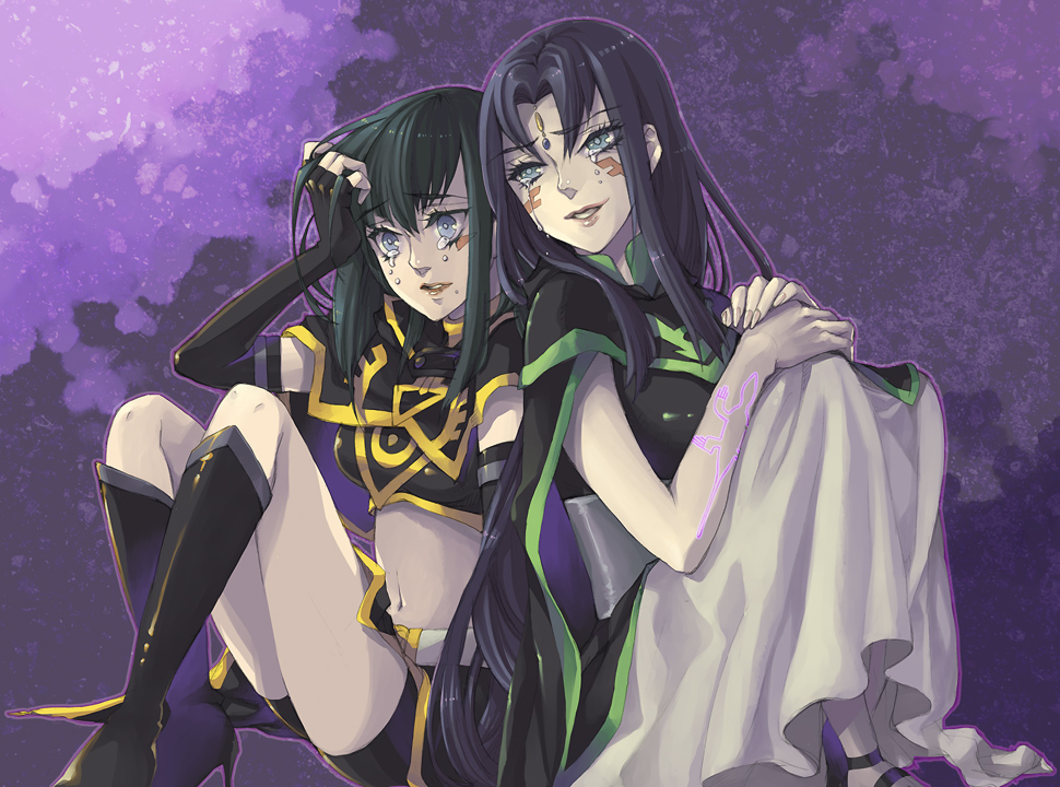 2girls, black_hair, blue_eyes, boots, capelet, carly_nagisa, crying, dark_persona
