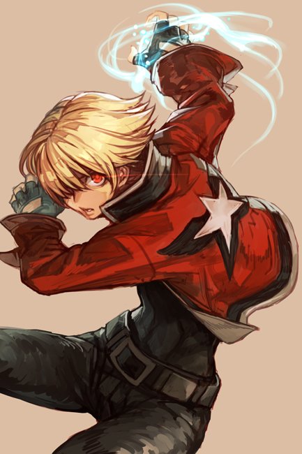 1boy, aura, belt, black_gloves, black_pants, black_shirt, blonde_hair, fingerless_gloves