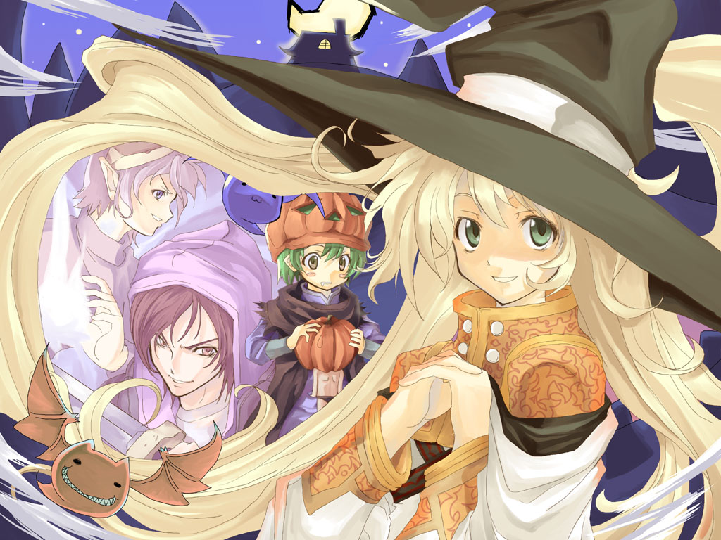 green_eyes, halloween, hat, kabocha, long_hair, pumpkin, pumpkins, smile