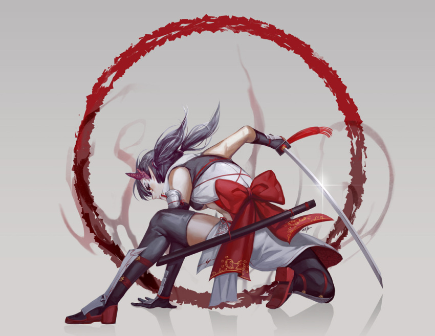 1girl, asakura_(soccer_spirits), black_hair, black_legwear, boots, circle, demon_horns, glint, greaves, horns, katana, pointy_ears, red_eyes, reflection, sash, sheath, soccer_spirits, solo, sword, tooaya, weapon
