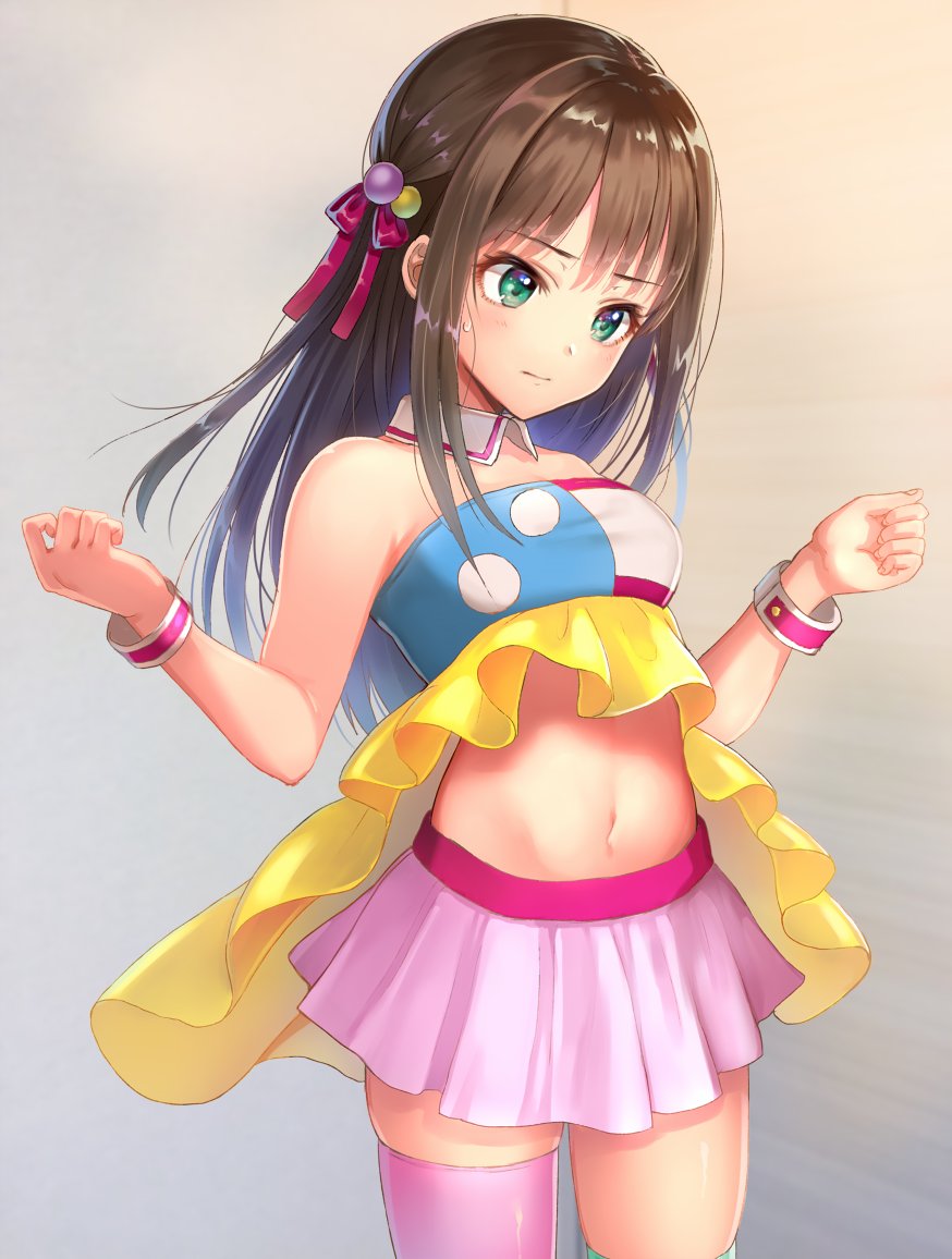 1girl, akagi_miria, akagi_miria_(cosplay), asymmetrical_legwear, breasts, brown_hair, cosplay, green_eyes