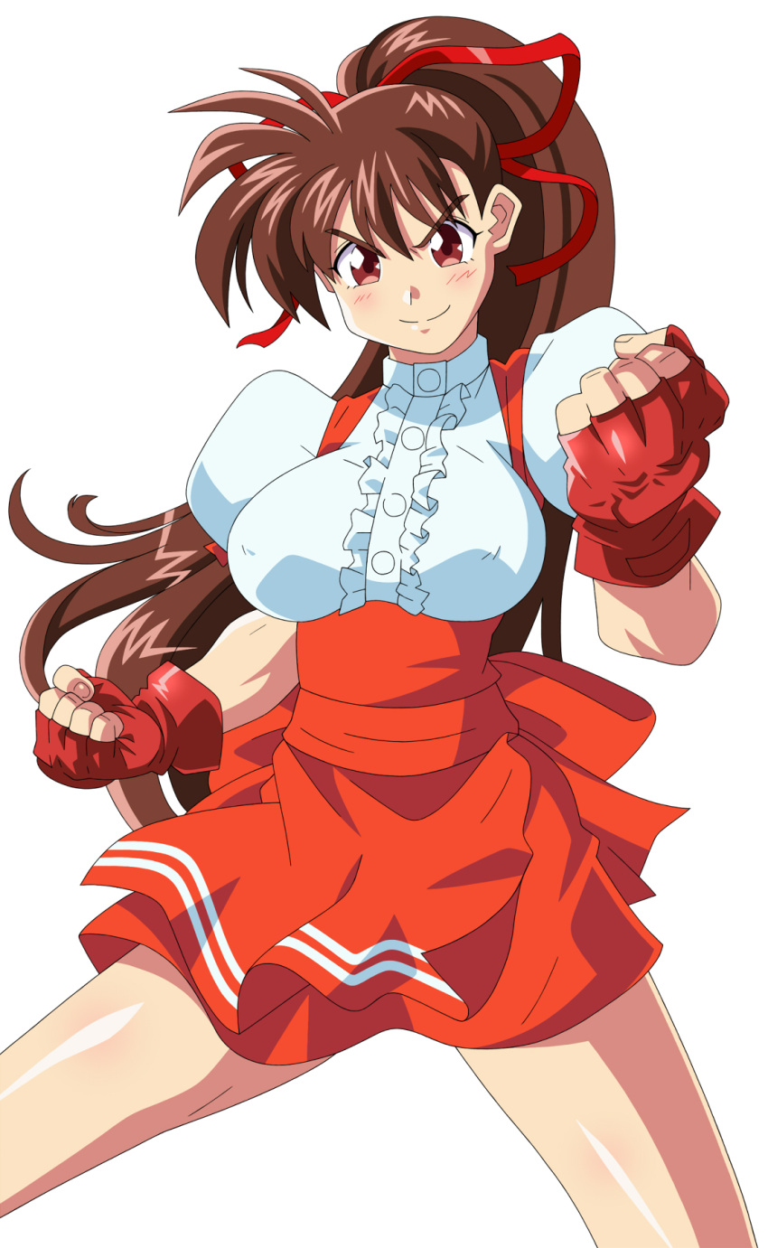 1girl, anna_miller, blush, bow, brown_hair, clenched_hand, closed_mouth, cowboy_shot