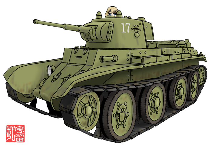 1girl, blonde_hair, blue_eyes, bt-7, girls_und_panzer, ground_vehicle, katyusha, m.wolverine, military, military_vehicle, motor_vehicle, simple_background, tank, white_background