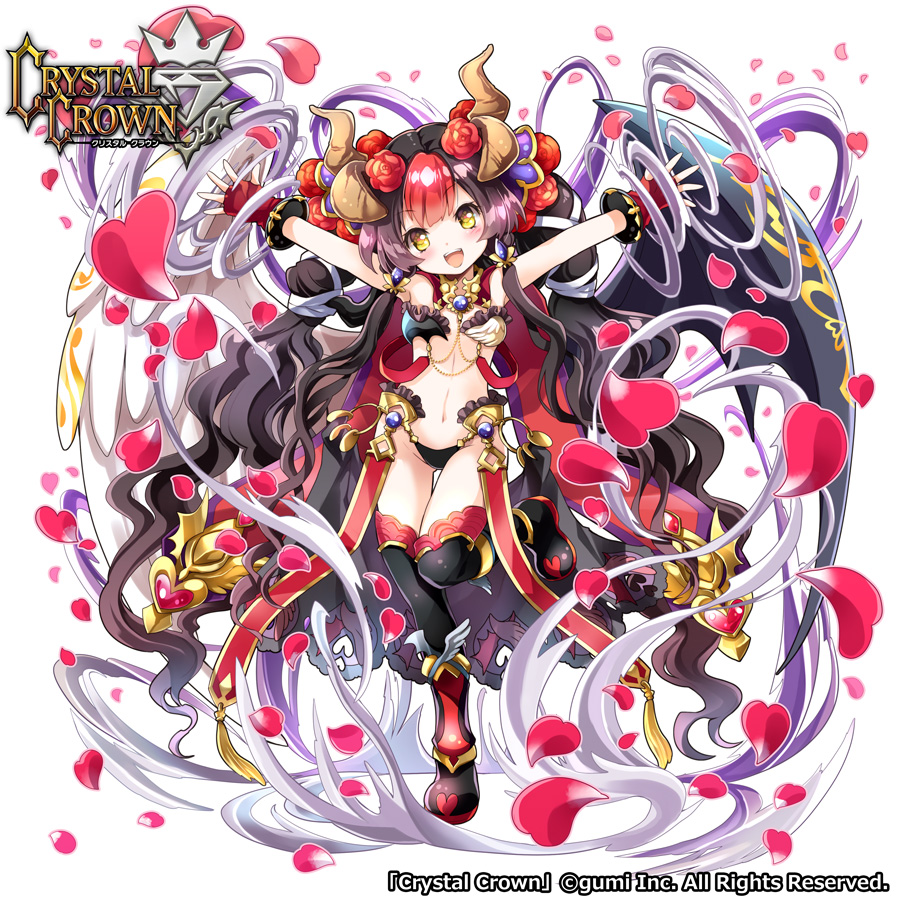 1girl, :d, armpit_peek, arms_up, asymmetrical_wings, bangs, bat_wings, black_boots