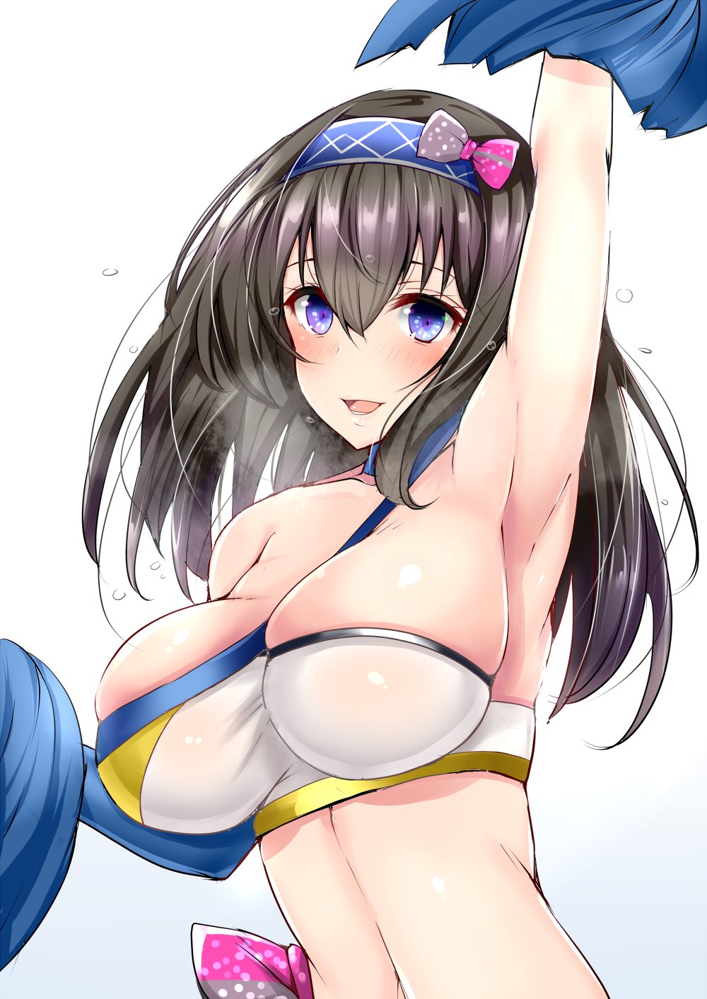 1girl, arm_up, armpits, bare_shoulders, black_hair, blue_eyes, blue_hairband, blush