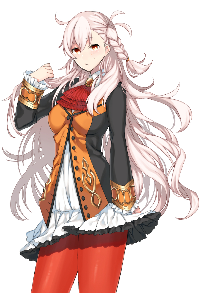 1girl, :/, ahoge, ascot, blush, braid, breasts, brooch