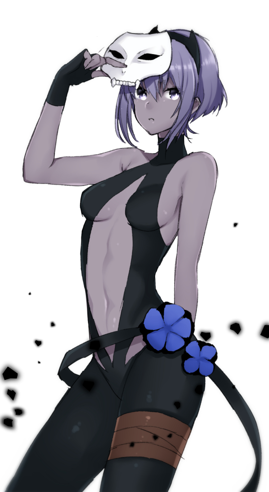 1girl, assassin_(fate/prototype_fragments), bangs, bare_shoulders, black_gloves, black_hairband, black_legwear, blush