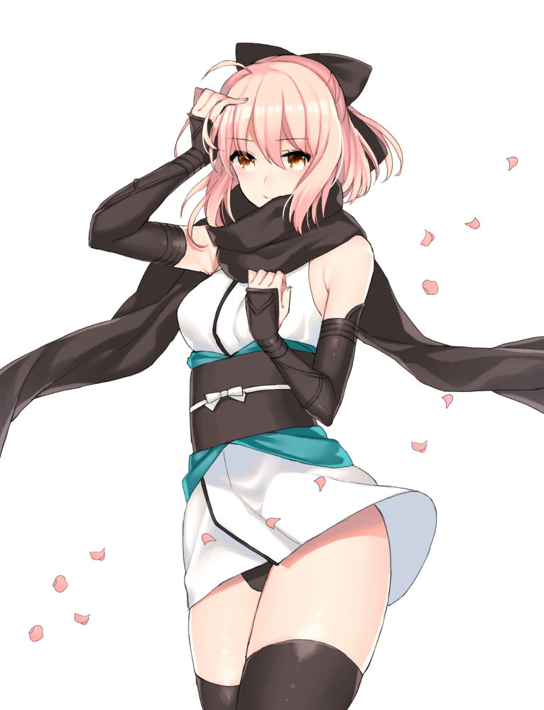 1girl, ahoge, armor, bangs, bare_shoulders, black_bow, black_legwear, black_panties