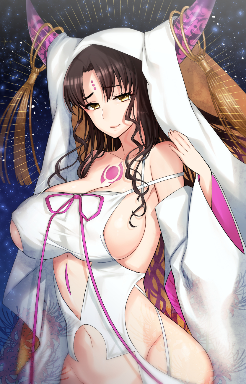 1girl, bare_shoulders, black_hair, breasts, cleavage, closed_mouth, collarbone, cowboy_shot