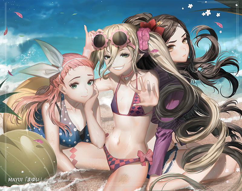 3girls, artist_name, bandai_namco, bikini, black_hair, blonde_hair, brown_eyes, checkered_pattern