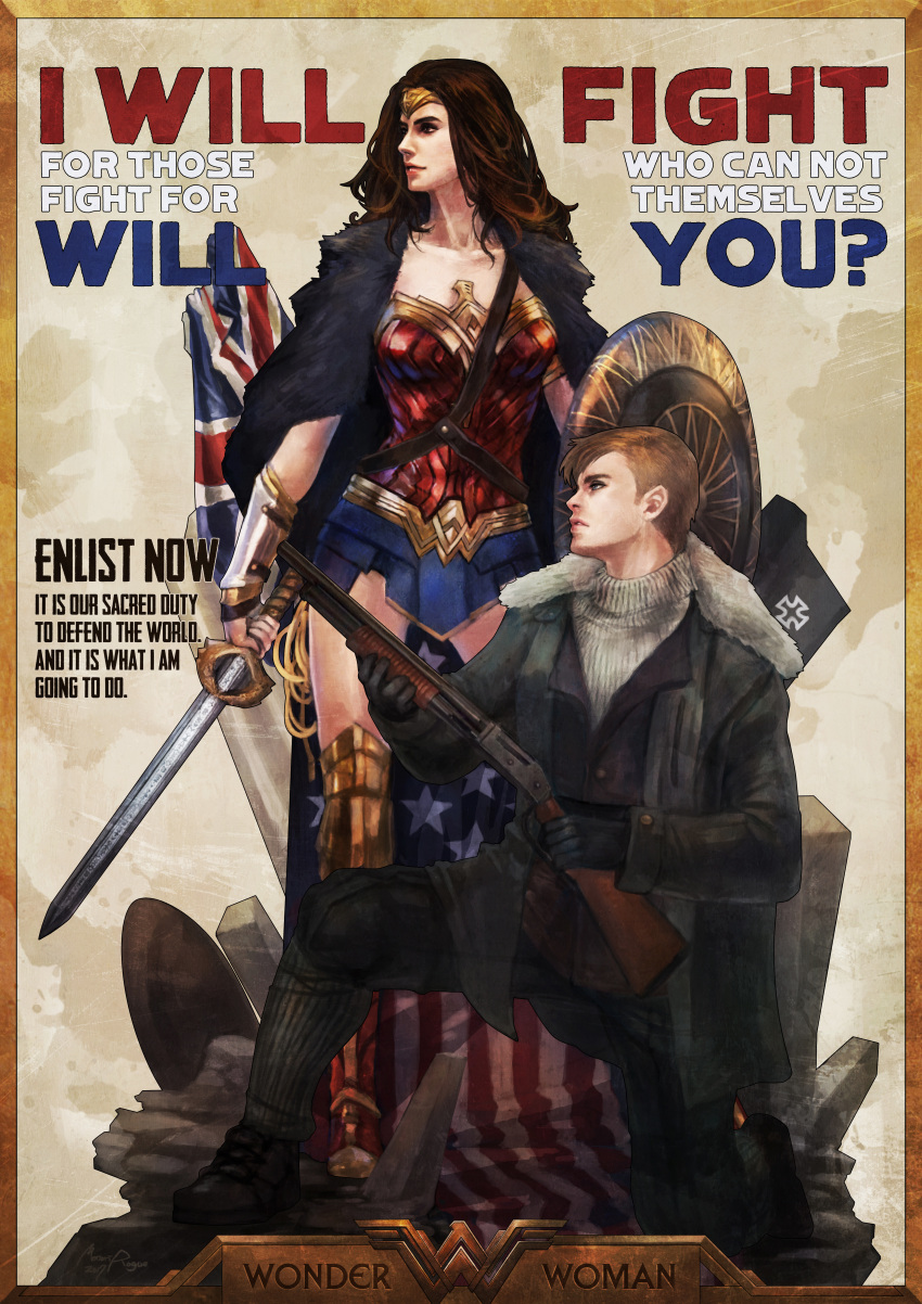 1boy, 1girl, absurdres, american_flag, bomber_jacket, bracer, brown_hair, cape