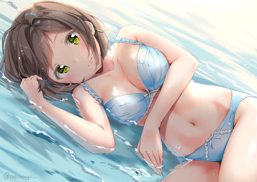 1girl, backlighting, bangs, bare_arms, bare_shoulders, bikini, blue_bikini, blue_bra